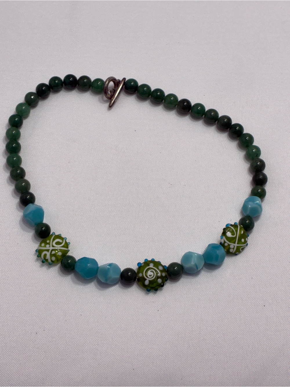 Green Stone (Possiblly Jadeite) and Blue / Clear Glass Beaded Women’s Necklace